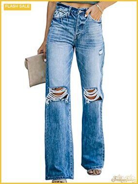 High Waisted Wide Leg Ripped Jeans Distressed Denim Pants